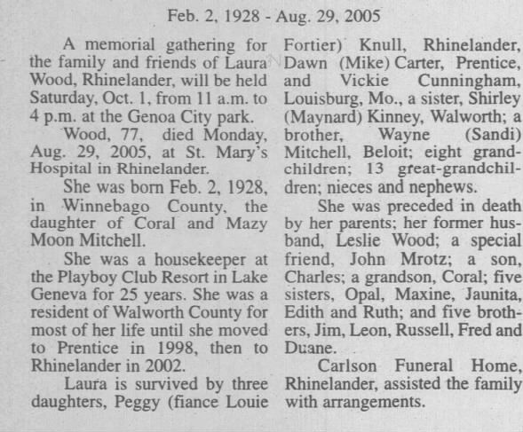 Obituary for Laura Wood, 1928-2005 (Aged 77)